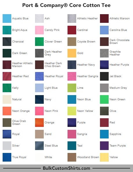 port and company core cotton pc54 swatches colors for custom t-shirts at bulk custom shirts
