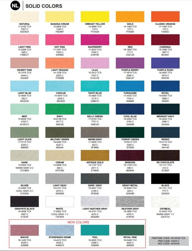Next Level Apparel Solid Color Swatches
